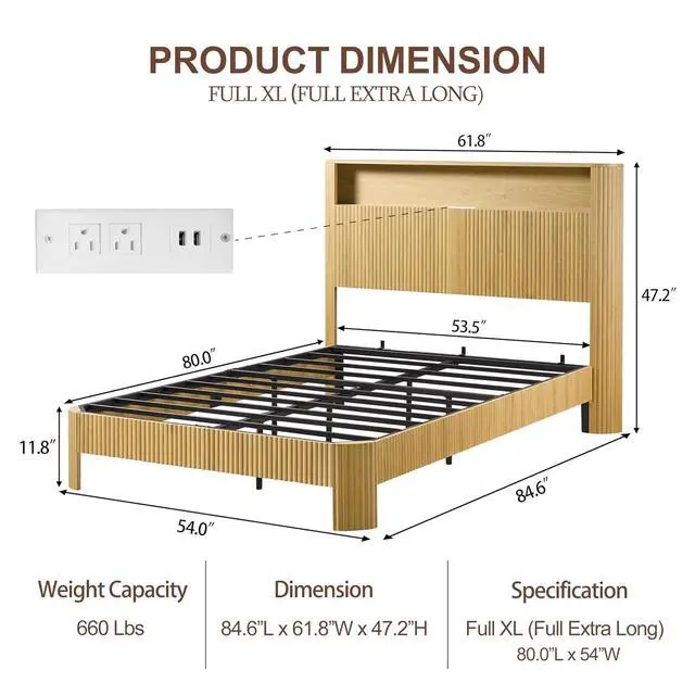 Alt view image 2 of 7 - Full XL Headboard and Frame, Wood Platform Bed with Storage Headboard and Charging Station, Wavy Curved Lines Design Luxury Double Heavy Duty Metal Support, Noise-Free, Walnut