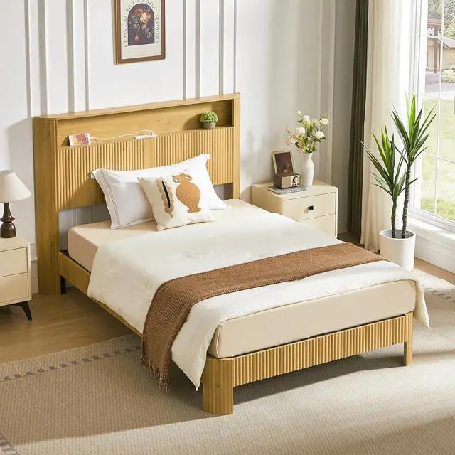Alt view image 3 of 7 - Full XL Headboard and Frame, Wood Platform Bed with Storage Headboard and Charging Station, Wavy Curved Lines Design Luxury Double Heavy Duty Metal Support, Noise-Free, Walnut