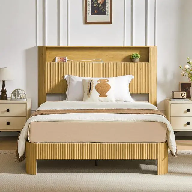 Main image of Full XL Headboard and Frame, Wood Platform Bed with Storage Headboard and Charging Station, Wavy Curved Lines Design Luxury Double Heavy Duty Metal Support, Noise-Free, Walnut