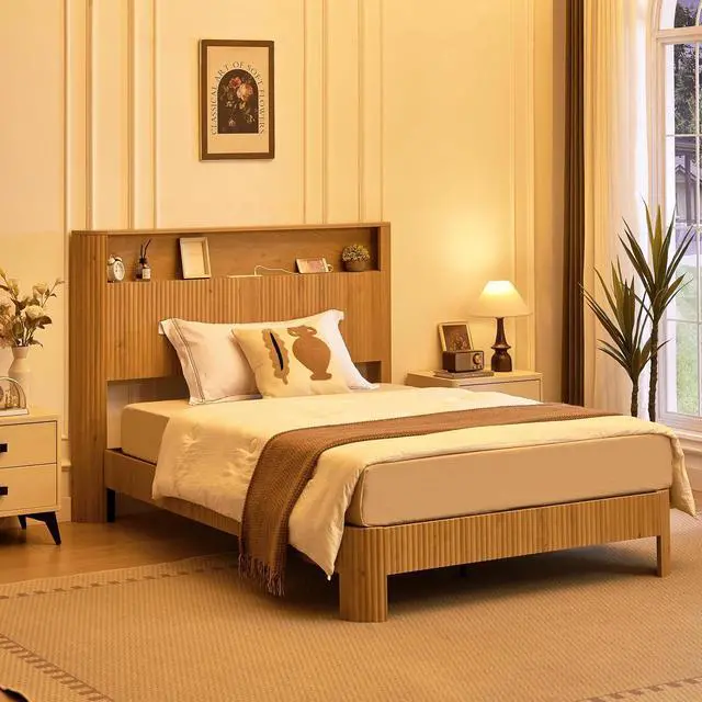 Alt view image 4 of 7 - Full XL Headboard and Frame, Wood Platform Bed with Storage Headboard and Charging Station, Wavy Curved Lines Design Luxury Double Heavy Duty Metal Support, Noise-Free, Walnut