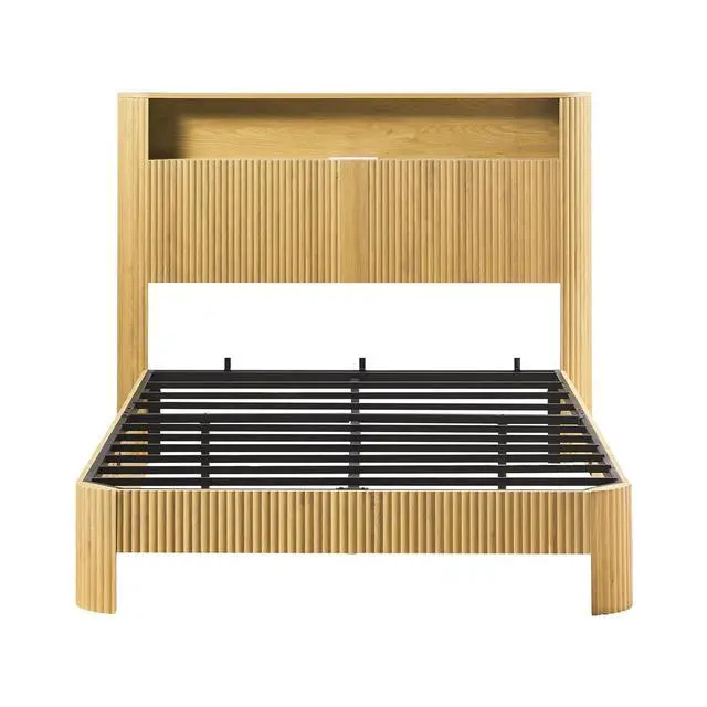 Alt view image 7 of 7 - Full XL Headboard and Frame, Wood Platform Bed with Storage Headboard and Charging Station, Wavy Curved Lines Design Luxury Double Heavy Duty Metal Support, Noise-Free, Walnut