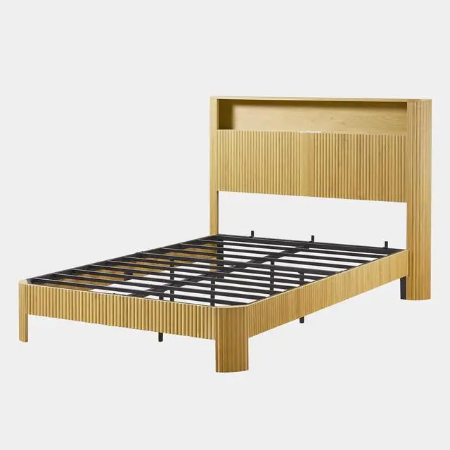 Alt view image 6 of 7 - Full XL Headboard and Frame, Wood Platform Bed with Storage Headboard and Charging Station, Wavy Curved Lines Design Luxury Double Heavy Duty Metal Support, Noise-Free, Walnut