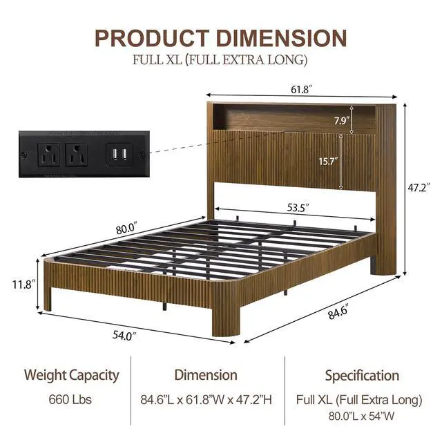 Alt view image 2 of 7 - Full XL Headboard and Frame, Wood Platform Bed with Storage Headboard and Charging Station, Wavy Curved Lines Design Luxury Double Heavy Duty Metal Support, Noise-Free, Natural