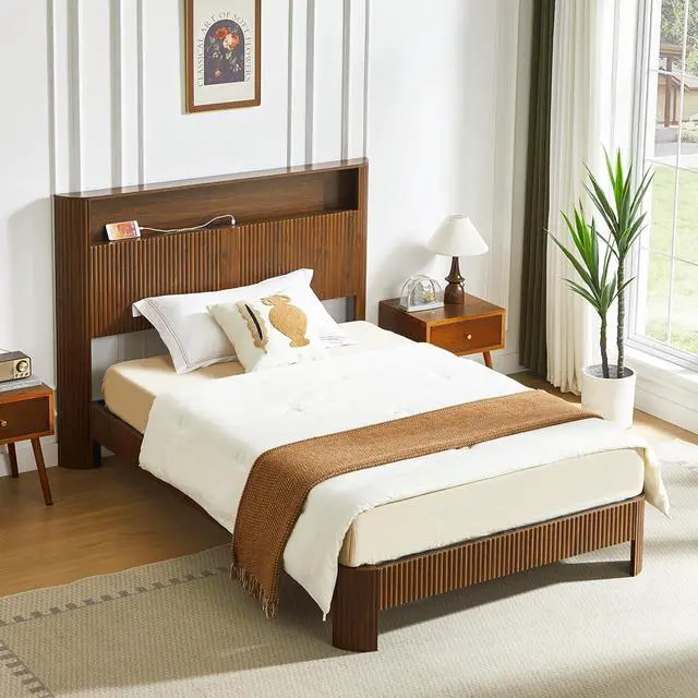 Alt view image 3 of 7 - Full XL Headboard and Frame, Wood Platform Bed with Storage Headboard and Charging Station, Wavy Curved Lines Design Luxury Double Heavy Duty Metal Support, Noise-Free, Natural