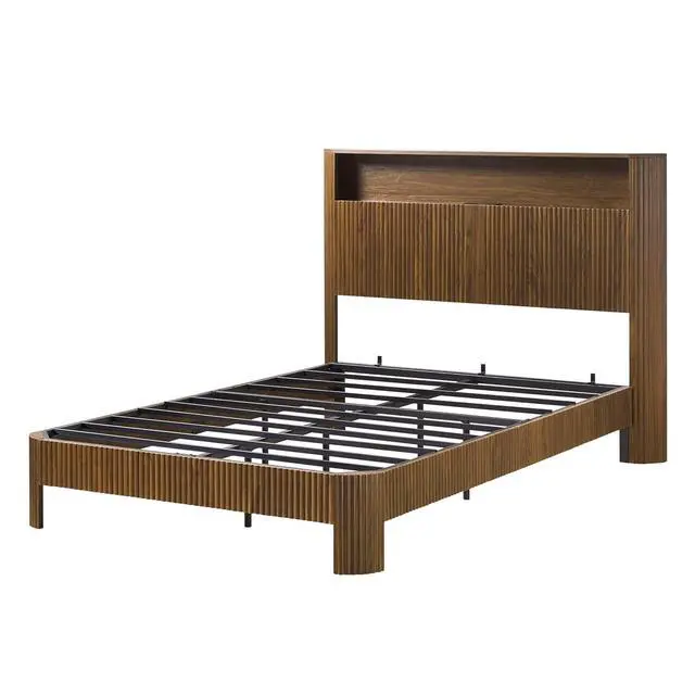 Alt view image 6 of 7 - Full XL Headboard and Frame, Wood Platform Bed with Storage Headboard and Charging Station, Wavy Curved Lines Design Luxury Double Heavy Duty Metal Support, Noise-Free, Natural