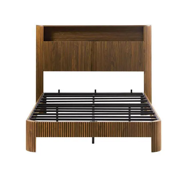 Alt view image 7 of 7 - Full XL Headboard and Frame, Wood Platform Bed with Storage Headboard and Charging Station, Wavy Curved Lines Design Luxury Double Heavy Duty Metal Support, Noise-Free, Natural