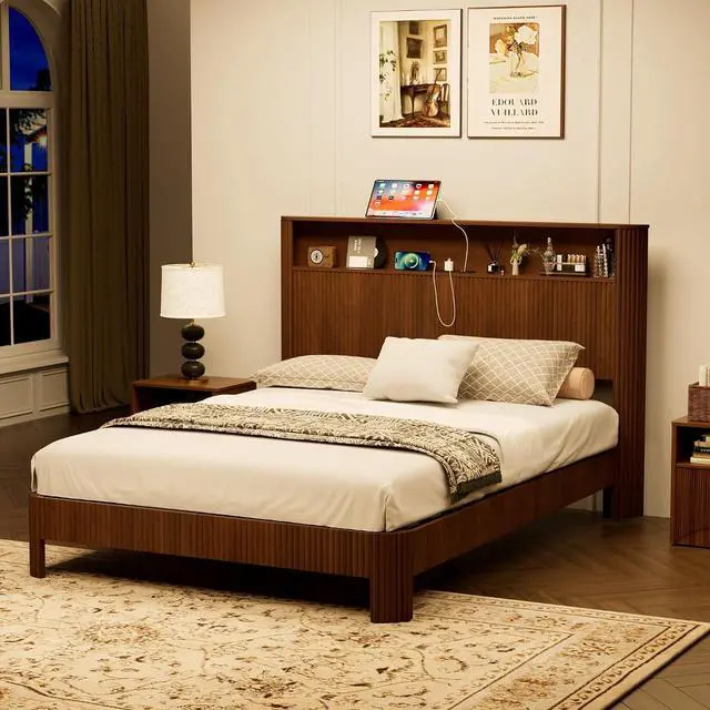 Main image of Queen Headboard and Frame, Wood Platform Bed with Storage Headboard and Charging Station, Wavy Curved Lines Design Luxury Double Heavy Duty Metal Support, Noise-Free, Walnut