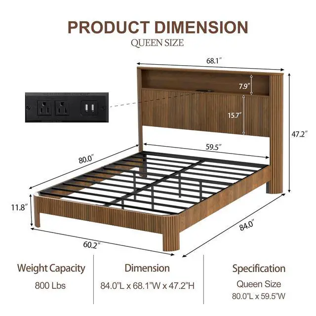 Alt view image 2 of 7 - Queen Headboard and Frame, Wood Platform Bed with Storage Headboard and Charging Station, Wavy Curved Lines Design Luxury Double Heavy Duty Metal Support, Noise-Free, Walnut