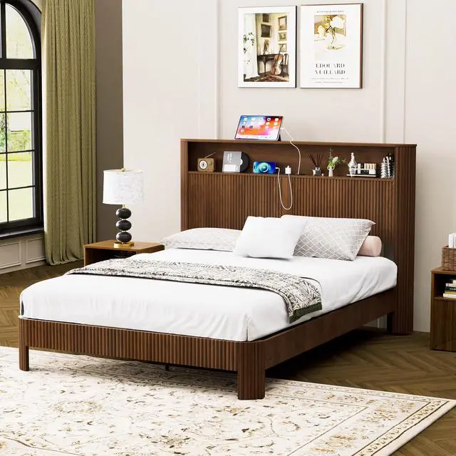 Alt view image 4 of 7 - Queen Headboard and Frame, Wood Platform Bed with Storage Headboard and Charging Station, Wavy Curved Lines Design Luxury Double Heavy Duty Metal Support, Noise-Free, Walnut