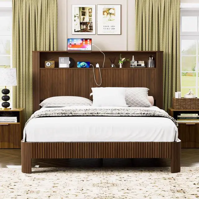 Alt view image 3 of 7 - Queen Headboard and Frame, Wood Platform Bed with Storage Headboard and Charging Station, Wavy Curved Lines Design Luxury Double Heavy Duty Metal Support, Noise-Free, Walnut