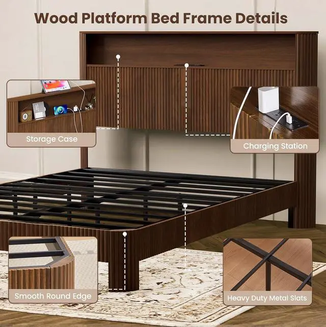 Alt view image 5 of 7 - Full XL Headboard and Frame, Wood Platform Bed with Storage Headboard and Charging Station, Wavy Curved Lines Design Luxury Double Heavy Duty Metal Support, Noise-Free, Natural
