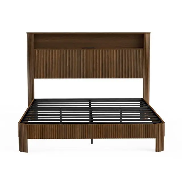 Alt view image 6 of 7 - Queen Headboard and Frame, Wood Platform Bed with Storage Headboard and Charging Station, Wavy Curved Lines Design Luxury Double Heavy Duty Metal Support, Noise-Free, Walnut