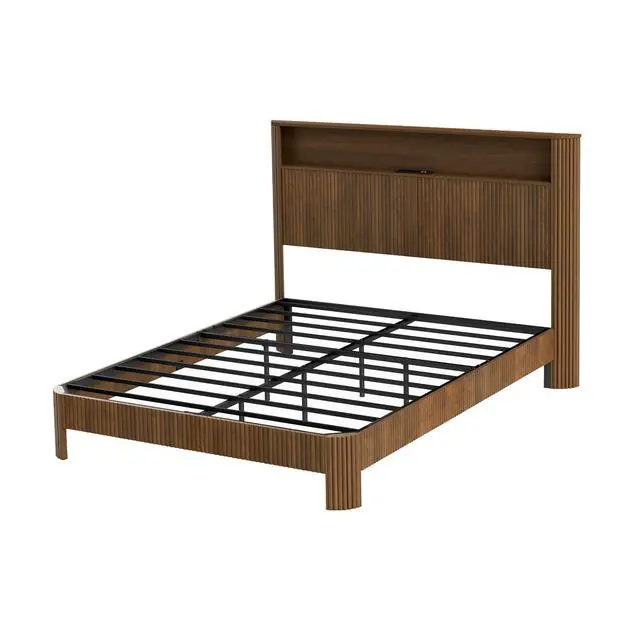 Alt view image 7 of 7 - Queen Headboard and Frame, Wood Platform Bed with Storage Headboard and Charging Station, Wavy Curved Lines Design Luxury Double Heavy Duty Metal Support, Noise-Free, Walnut