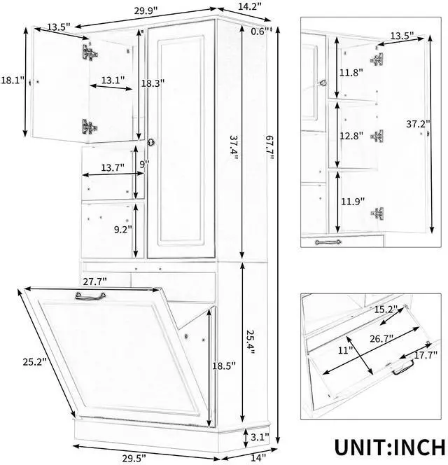 Alt view image 2 of 7 - Tilt Out Laundry Hamper Cabinet, Tall Wooden Storage Cabinet with Adjustable Shelves and Doors, Large Hidden Flip-Out Basket with Aluminum Alloy Handles, for Laundry Room, Bathroom, Living Room, Oak