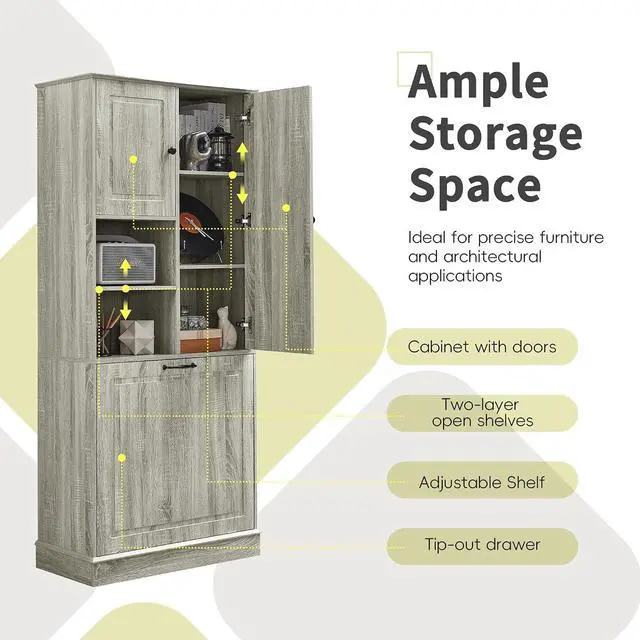 Alt view image 6 of 7 - Tilt Out Laundry Hamper Cabinet, Tall Wooden Storage Cabinet with Adjustable Shelves and Doors, Large Hidden Flip-Out Basket with Aluminum Alloy Handles, for Laundry Room, Bathroom, Living Room, Oak
