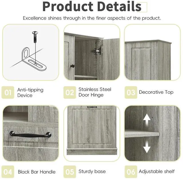 Alt view image 7 of 7 - Tilt Out Laundry Hamper Cabinet, Tall Wooden Storage Cabinet with Adjustable Shelves and Doors, Large Hidden Flip-Out Basket with Aluminum Alloy Handles, for Laundry Room, Bathroom, Living Room, Oak