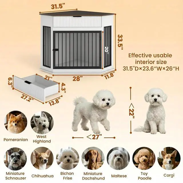 Alt view image 2 of 7 - 44.6'' Corner Dog Crate Furniture with Storage Drawer, Dog Kennel for Small/Medium Dogs, Space-Saving Pet Cage with Steel Pipe, Decorative End Table Cabinet with Anti-tip Hook for Home Indoor, White