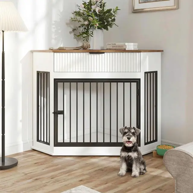 Main image of 44.6'' Corner Dog Crate Furniture with Storage Drawer, Dog Kennel for Small/Medium Dogs, Space-Saving Pet Cage with Steel Pipe, Decorative End Table Cabinet with Anti-tip Hook for Home Indoor, White