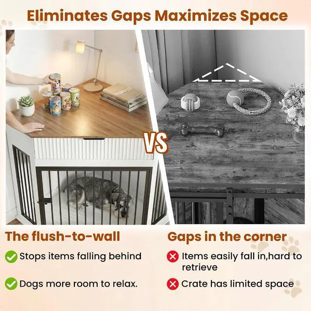 Alt view image 6 of 7 - 44.6'' Corner Dog Crate Furniture with Storage Drawer, Dog Kennel for Small/Medium Dogs, Space-Saving Pet Cage with Steel Pipe, Decorative End Table Cabinet with Anti-tip Hook for Home Indoor, White
