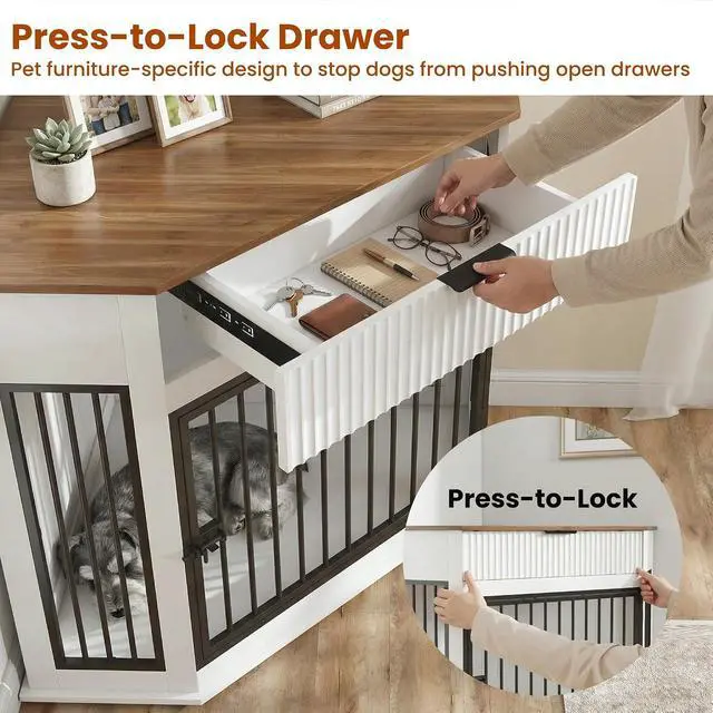 Alt view image 4 of 7 - 44.6'' Corner Dog Crate Furniture with Storage Drawer, Dog Kennel for Small/Medium Dogs, Space-Saving Pet Cage with Steel Pipe, Decorative End Table Cabinet with Anti-tip Hook for Home Indoor, White
