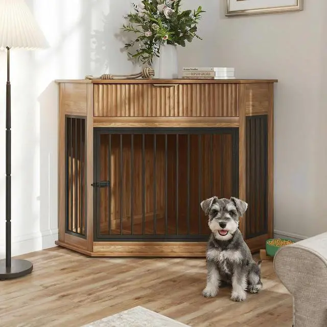 Main image of 44.6'' Corner Dog Crate Furniture with Storage Drawer, Dog Kennel for Small/Medium Dogs, Space-Saving Pet Cage with Steel Pipe, End Table Cabinet with Anti-tip Hook for Home Decor, Natural Walnut
