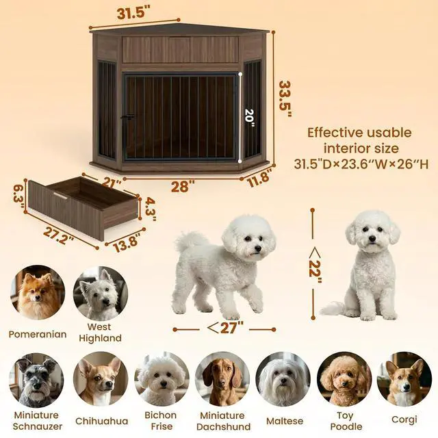 Alt view image 2 of 7 - 44.6'' Corner Dog Crate Furniture with Storage Drawer, Dog Kennel for Small/Medium Dogs, Space-Saving Pet Cage with Steel Pipe, End Table Cabinet with Anti-tip Hook for Home Decor, Natural Walnut