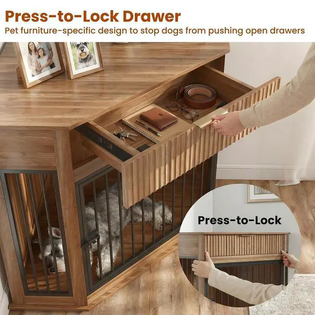 Alt view image 4 of 7 - 44.6'' Corner Dog Crate Furniture with Storage Drawer, Dog Kennel for Small/Medium Dogs, Space-Saving Pet Cage with Steel Pipe, End Table Cabinet with Anti-tip Hook for Home Decor, Natural Walnut