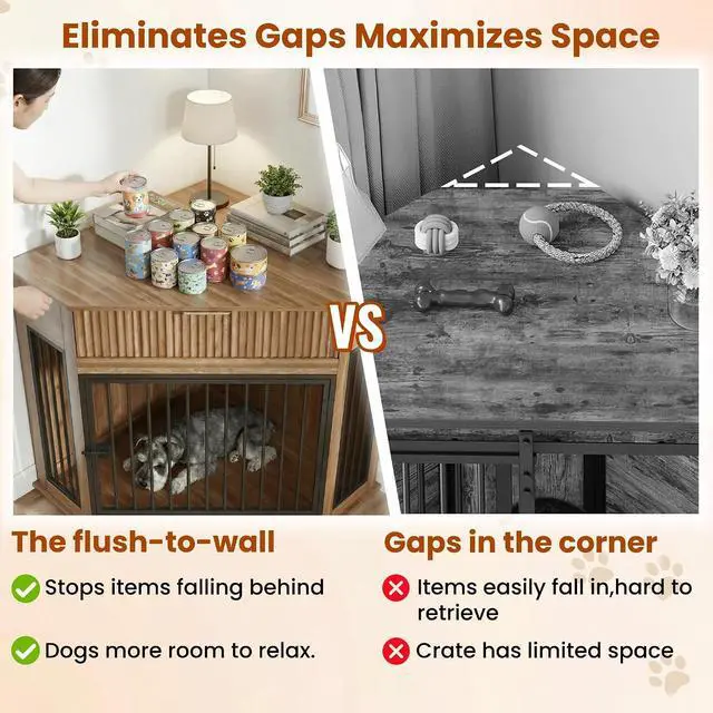 Alt view image 5 of 7 - 44.6'' Corner Dog Crate Furniture with Storage Drawer, Dog Kennel for Small/Medium Dogs, Space-Saving Pet Cage with Steel Pipe, End Table Cabinet with Anti-tip Hook for Home Decor, Natural Walnut