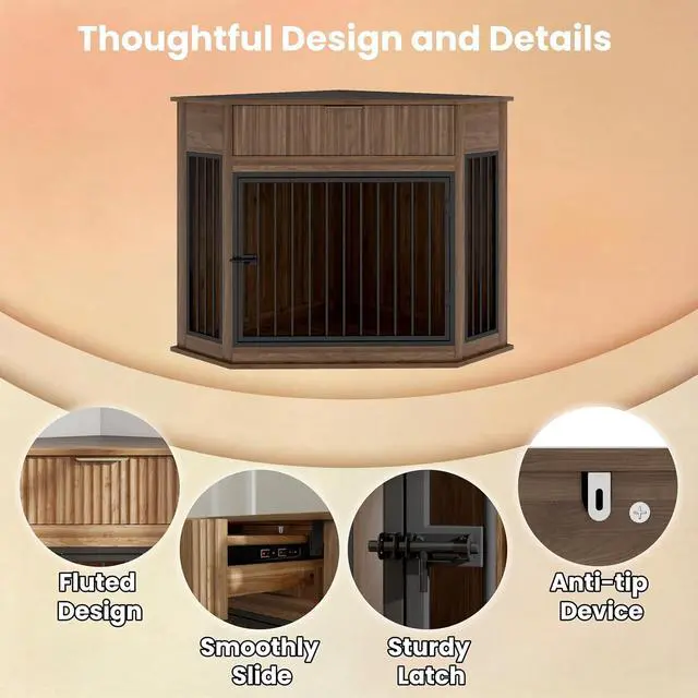 Alt view image 7 of 7 - 44.6'' Corner Dog Crate Furniture with Storage Drawer, Dog Kennel for Small/Medium Dogs, Space-Saving Pet Cage with Steel Pipe, End Table Cabinet with Anti-tip Hook for Home Decor, Natural Walnut