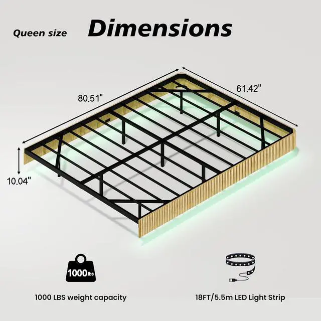 Alt view image 2 of 7 - Floating Bed Frame Queen, Oak Wood Bed Frame with LED Lights, Wave Curve Wood Texture Double Bed with Heavy Duty Metal Slats, No Box Spring Needed, Easy to Assemble