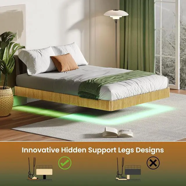 Alt view image 5 of 7 - Floating Bed Frame Queen, Oak Wood Bed Frame with LED Lights, Wave Curve Wood Texture Double Bed with Heavy Duty Metal Slats, No Box Spring Needed, Easy to Assemble