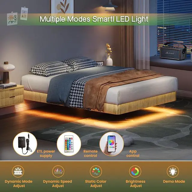 Alt view image 4 of 7 - Floating Bed Frame Queen, Oak Wood Bed Frame with LED Lights, Wave Curve Wood Texture Double Bed with Heavy Duty Metal Slats, No Box Spring Needed, Easy to Assemble