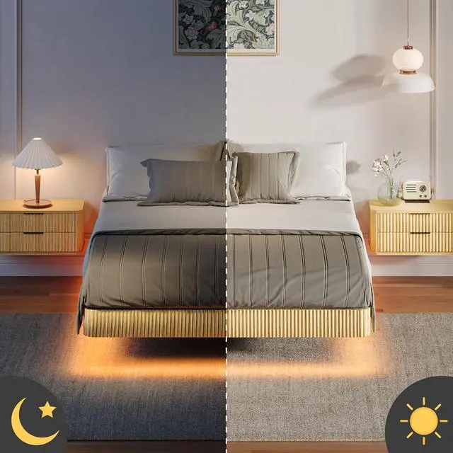 Alt view image 6 of 7 - Floating Bed Frame Queen, Oak Wood Bed Frame with LED Lights, Wave Curve Wood Texture Double Bed with Heavy Duty Metal Slats, No Box Spring Needed, Easy to Assemble