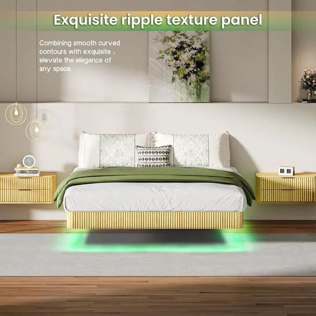 Alt view image 3 of 7 - Floating Bed Frame Queen, Oak Wood Bed Frame with LED Lights, Wave Curve Wood Texture Double Bed with Heavy Duty Metal Slats, No Box Spring Needed, Easy to Assemble