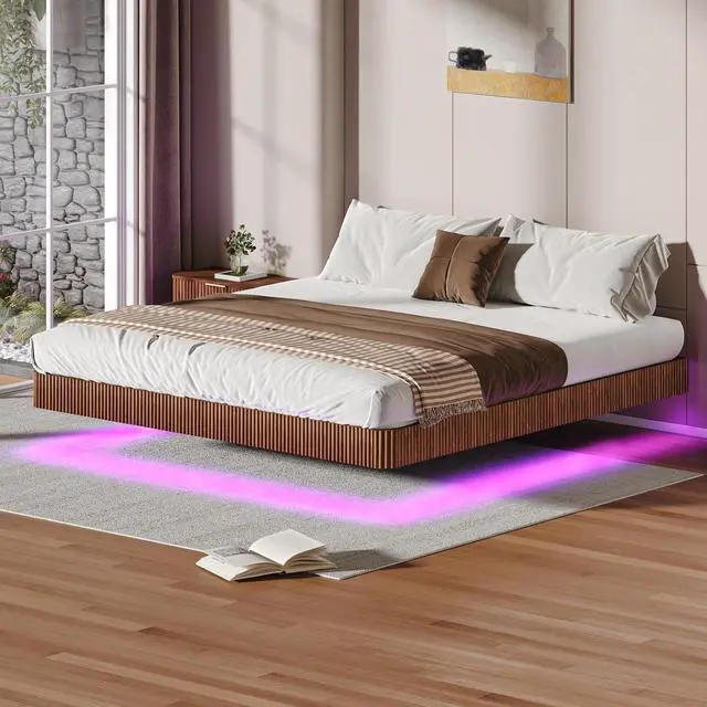 Main image of Floating Bed Frame King, Walnut Wood Bed Frame with LED Lights, Wave Curve Wood Texture Double Bed with Heavy Duty Metal Slats, No Box Spring Needed, Easy to Assemble