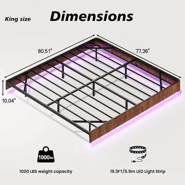 Alt view image 2 of 7 - Floating Bed Frame King, Walnut Wood Bed Frame with LED Lights, Wave Curve Wood Texture Double Bed with Heavy Duty Metal Slats, No Box Spring Needed, Easy to Assemble