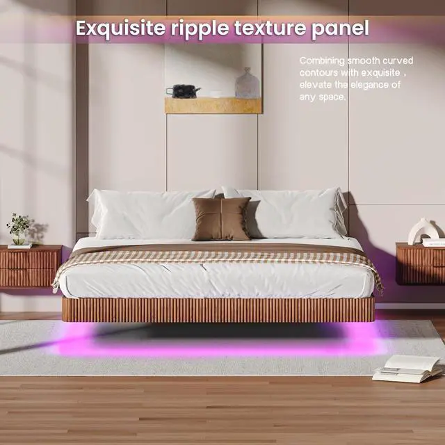 Alt view image 4 of 7 - Floating Bed Frame King, Walnut Wood Bed Frame with LED Lights, Wave Curve Wood Texture Double Bed with Heavy Duty Metal Slats, No Box Spring Needed, Easy to Assemble