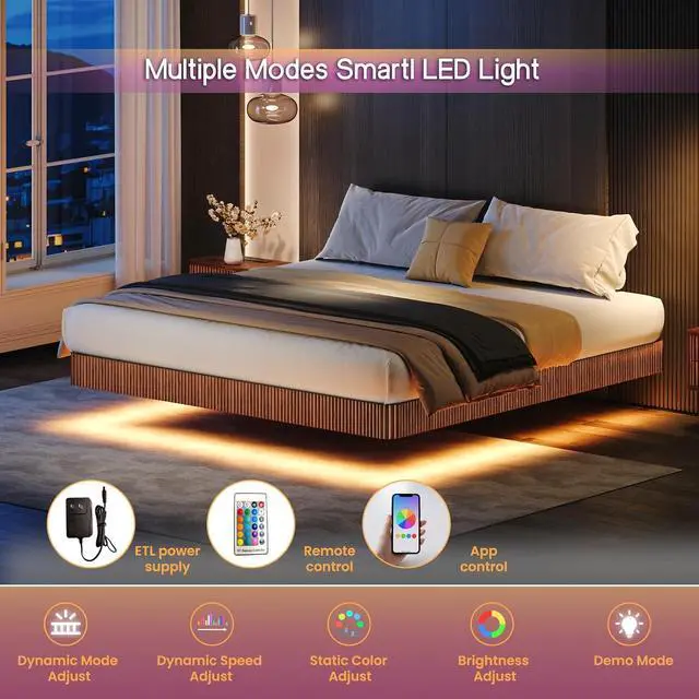 Alt view image 3 of 7 - Floating Bed Frame King, Walnut Wood Bed Frame with LED Lights, Wave Curve Wood Texture Double Bed with Heavy Duty Metal Slats, No Box Spring Needed, Easy to Assemble