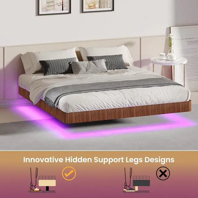 Alt view image 5 of 7 - Floating Bed Frame King, Walnut Wood Bed Frame with LED Lights, Wave Curve Wood Texture Double Bed with Heavy Duty Metal Slats, No Box Spring Needed, Easy to Assemble