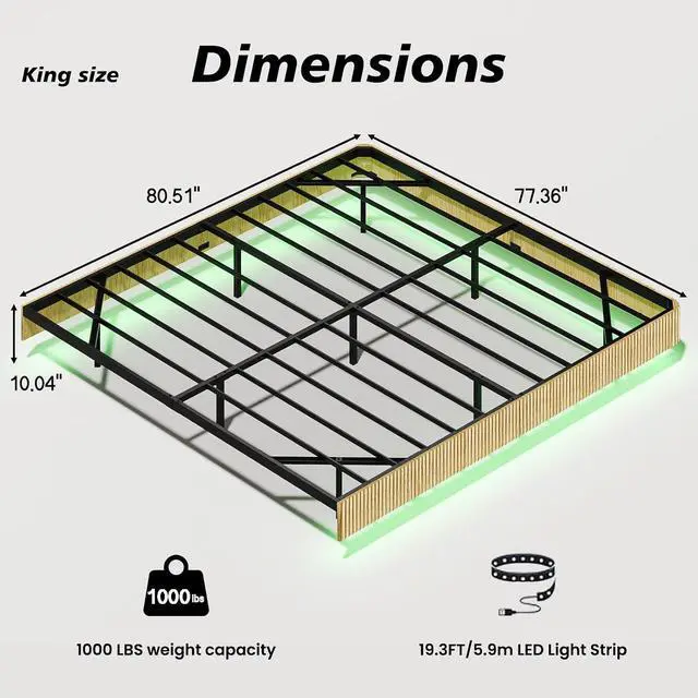 Alt view image 2 of 7 - Floating Bed Frame King, Oak Wood Bed Frame with LED Lights, Wave Curve Wood Texture Double Bed with Heavy Duty Metal Slats, No Box Spring Needed, Easy to Assemble