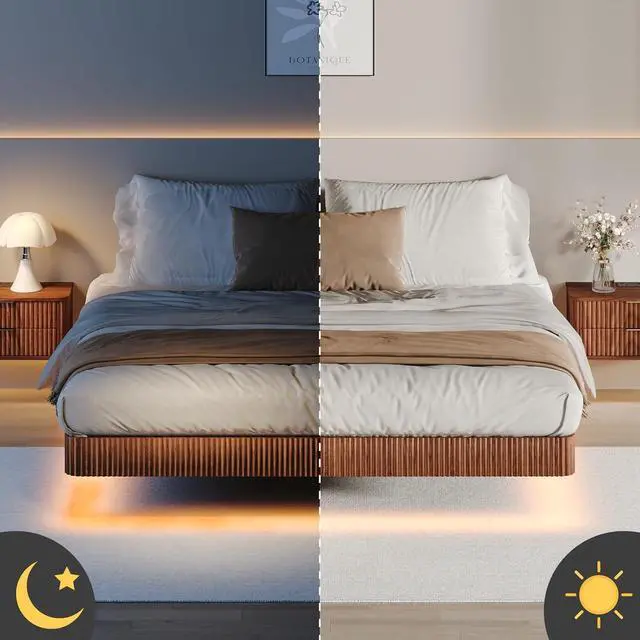 Alt view image 6 of 7 - Floating Bed Frame King, Walnut Wood Bed Frame with LED Lights, Wave Curve Wood Texture Double Bed with Heavy Duty Metal Slats, No Box Spring Needed, Easy to Assemble