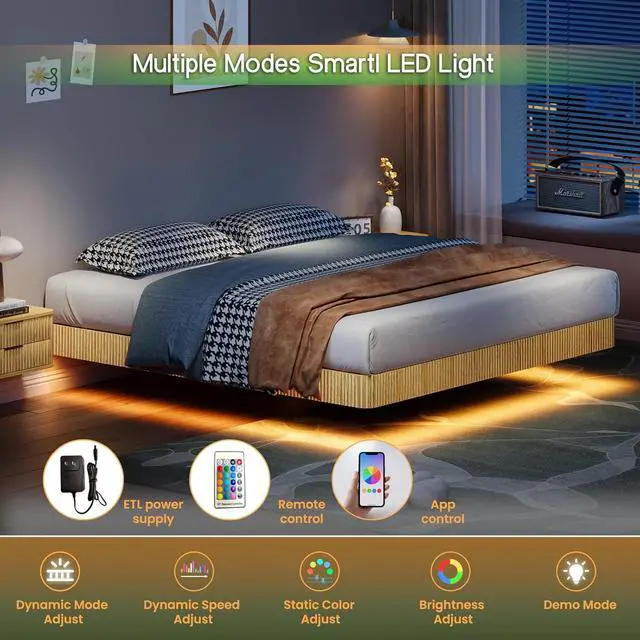 Alt view image 3 of 7 - Floating Bed Frame King, Oak Wood Bed Frame with LED Lights, Wave Curve Wood Texture Double Bed with Heavy Duty Metal Slats, No Box Spring Needed, Easy to Assemble