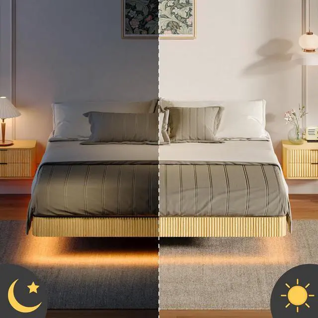 Alt view image 6 of 7 - Floating Bed Frame King, Oak Wood Bed Frame with LED Lights, Wave Curve Wood Texture Double Bed with Heavy Duty Metal Slats, No Box Spring Needed, Easy to Assemble