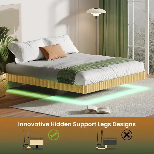 Alt view image 5 of 7 - Floating Bed Frame King, Oak Wood Bed Frame with LED Lights, Wave Curve Wood Texture Double Bed with Heavy Duty Metal Slats, No Box Spring Needed, Easy to Assemble