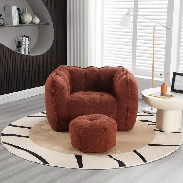 Main image of Giant Comfy Bean Bag Chair with Footstool, Big Beanbag for Adults,Boneless Reading Chair for Gaming and Watching, Square Lazy Sofa for Living Room, Bedroom,Red+Brown