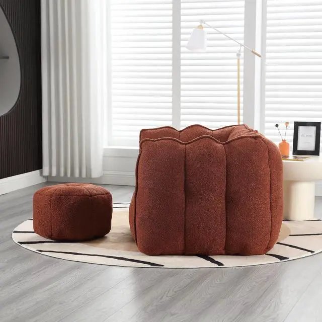 Alt view image 3 of 7 - Giant Comfy Bean Bag Chair with Footstool, Big Beanbag for Adults,Boneless Reading Chair for Gaming and Watching, Square Lazy Sofa for Living Room, Bedroom,Red+Brown
