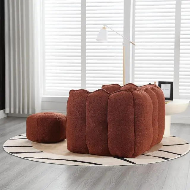 Alt view image 5 of 7 - Giant Comfy Bean Bag Chair with Footstool, Big Beanbag for Adults,Boneless Reading Chair for Gaming and Watching, Square Lazy Sofa for Living Room, Bedroom,Red+Brown