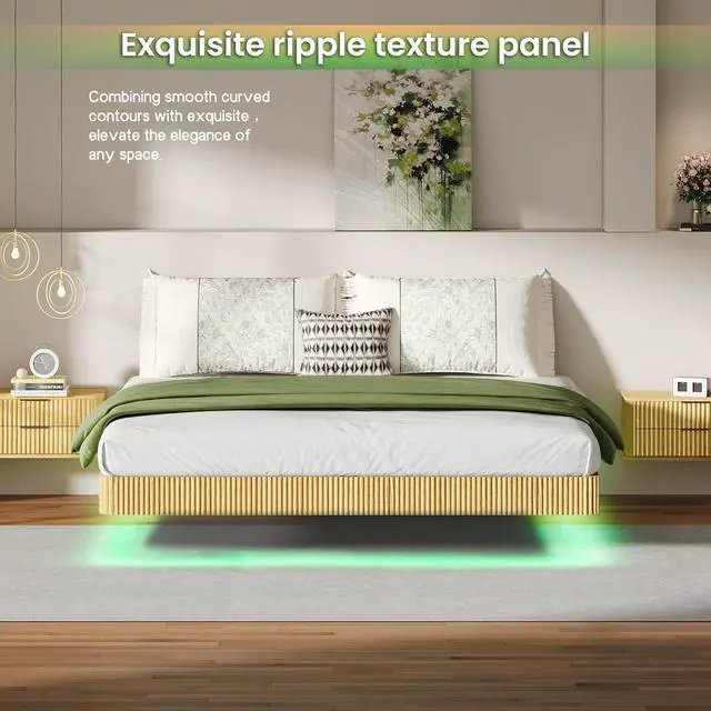 Alt view image 4 of 7 - Floating Bed Frame King, Oak Wood Bed Frame with LED Lights, Wave Curve Wood Texture Double Bed with Heavy Duty Metal Slats, No Box Spring Needed, Easy to Assemble