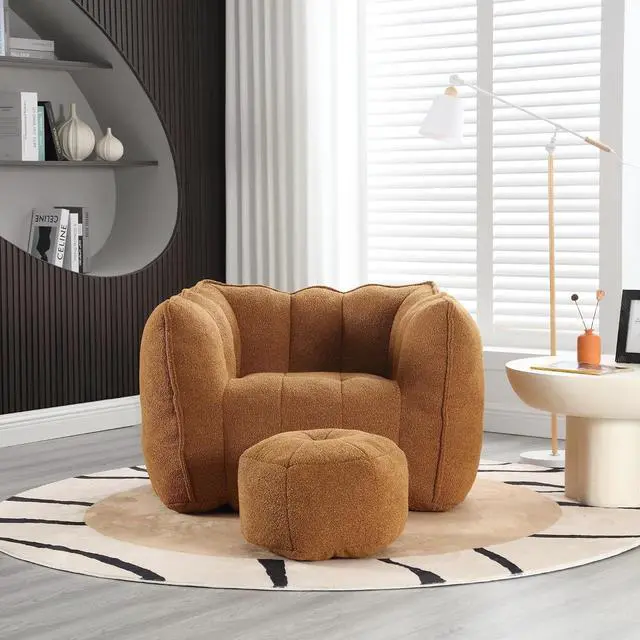 Main image of Giant Comfy Bean Bag Chair with Footstool, Big Beanbag for Adults,Boneless Reading Chair for Gaming and Watching, Square Lazy Sofa for Living Room, Bedroom,Khaki+Yellow