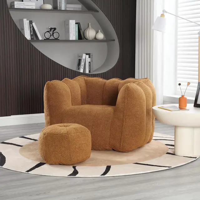 Alt view image 5 of 7 - Giant Comfy Bean Bag Chair with Footstool, Big Beanbag for Adults,Boneless Reading Chair for Gaming and Watching, Square Lazy Sofa for Living Room, Bedroom,Khaki+Yellow
